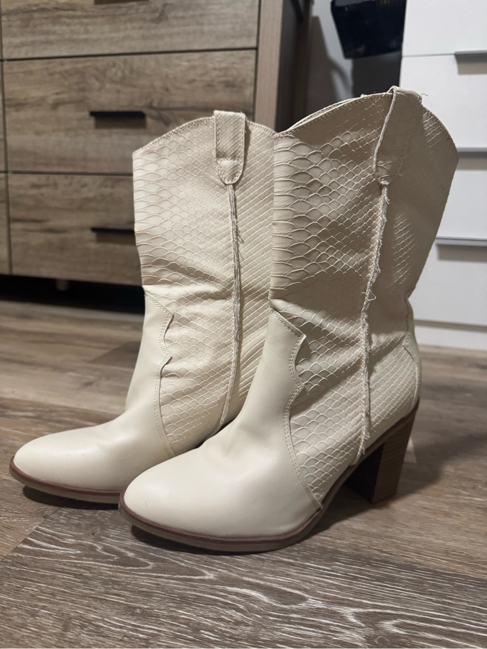 MIA Cream Textured Mid-Calf Heeled Western Boots